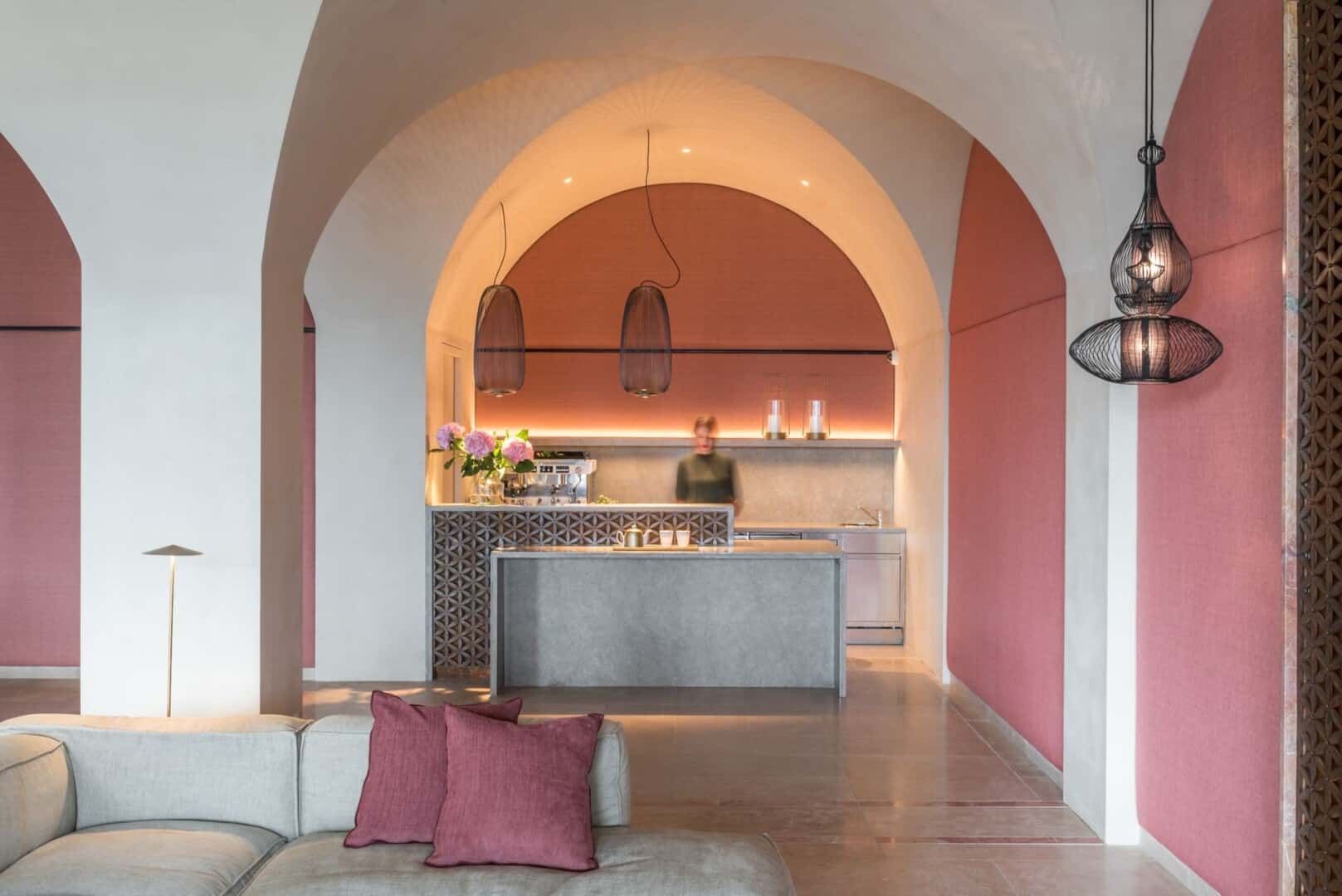 The elegant, small break-out bar at Euphoria Retreat for refreshments in beige and dusty pink tones.